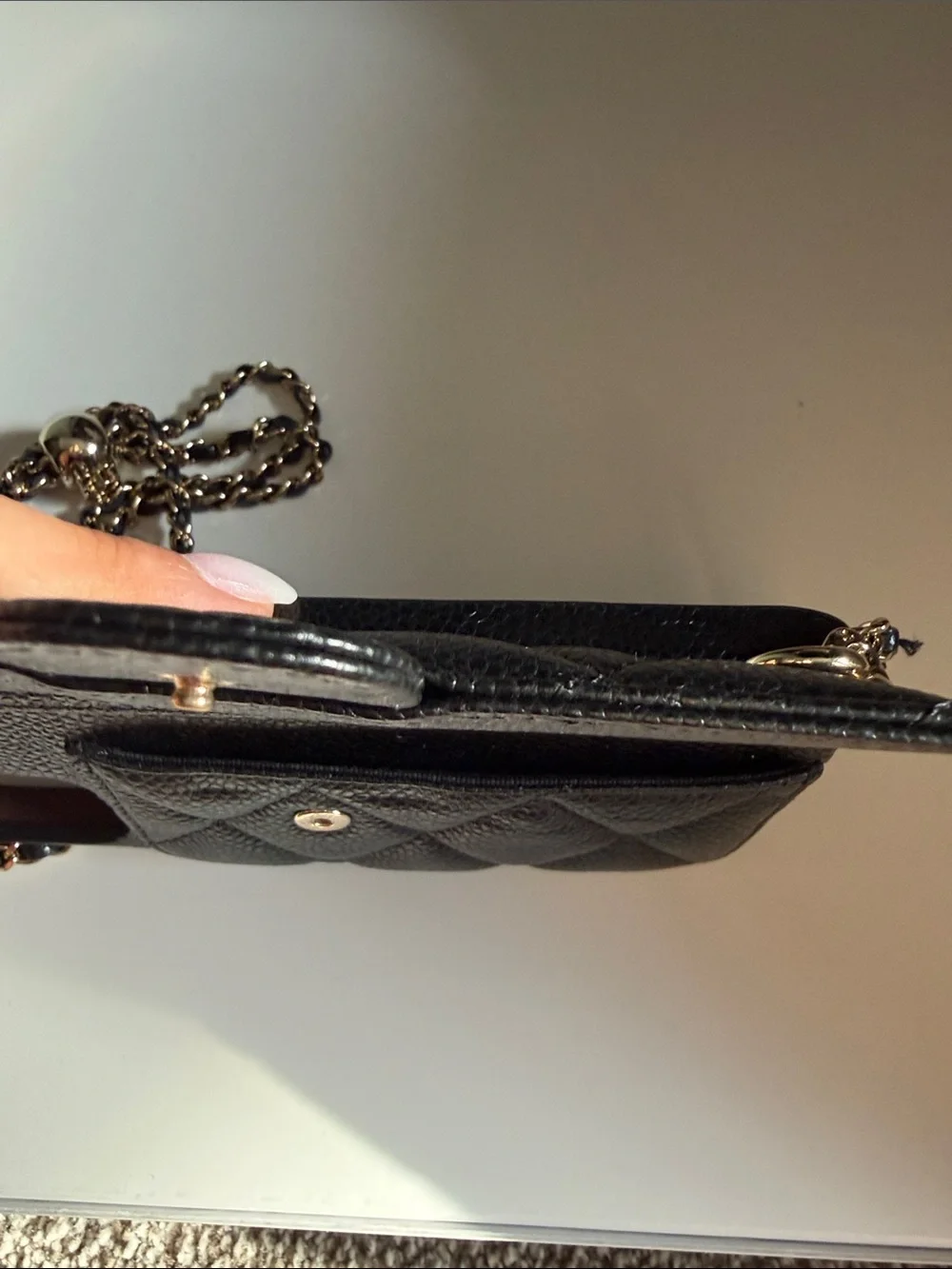 CHANEL Black Quilted Leather Chain Wallet Phone Case with Gold Logo